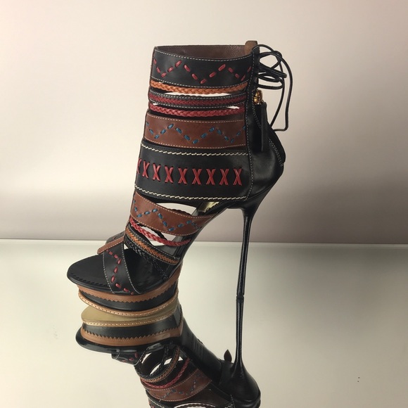 DSQUARED2 Leather Laces Strappy Embroidered Heels - Picture 4 of 11